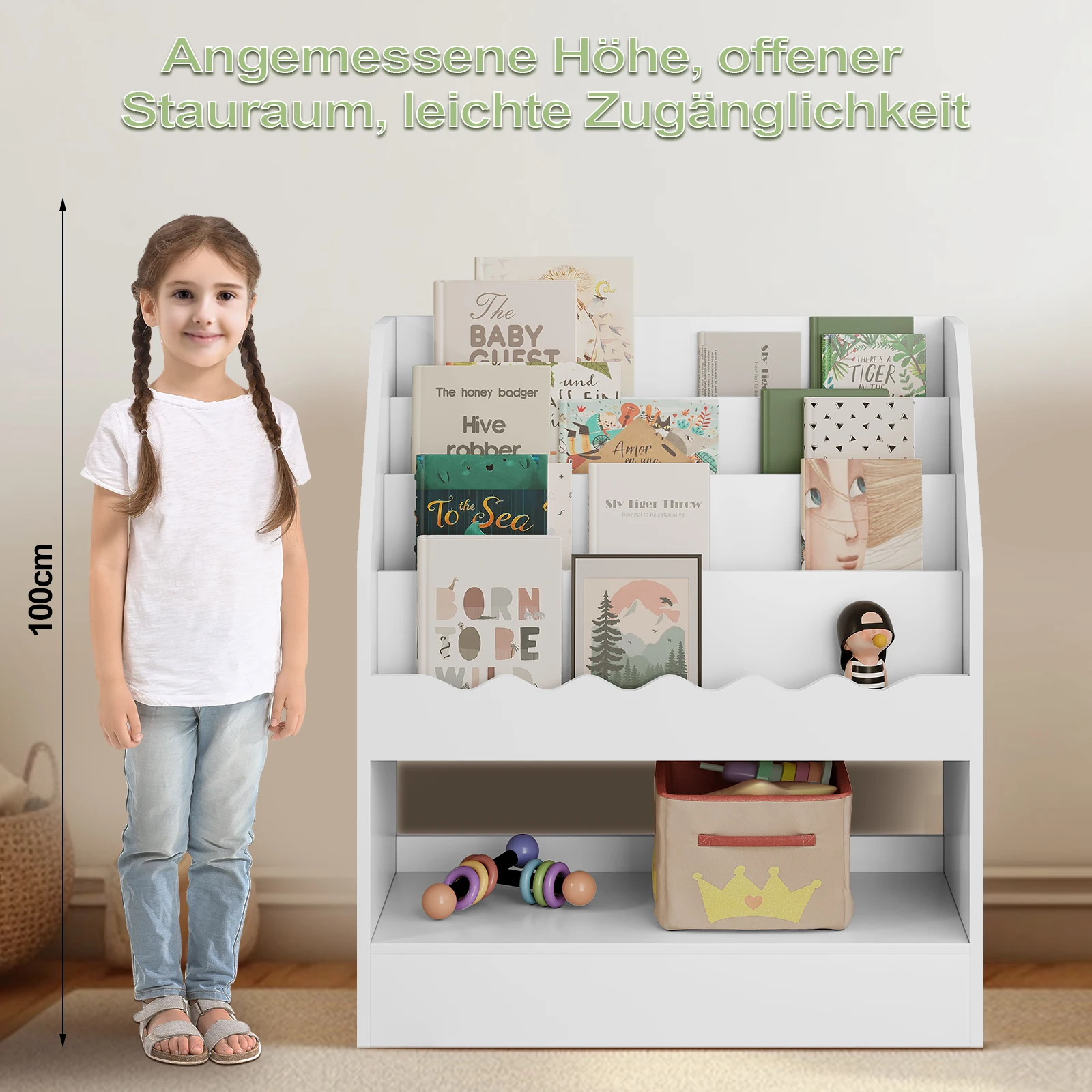 WOLTU Libreria bianca per bambini Libro dei cartoni animati Giocattolo Scaffale portaoggetti Montessori con 5 scomparti per la cameretta dei bambini Asilo