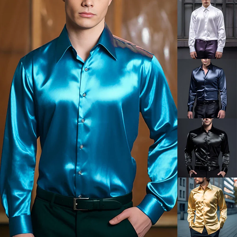 Elegant Satin Silk Men's Dress Shirt Slim Fit Long Sleeve Cocktail Party Luxury Button Down Casual Suit Shirt