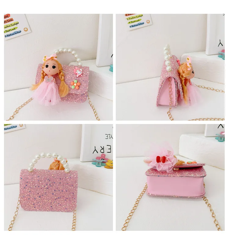 Dulce princesa bolsos de hombro pequeños mango de perla bolso cruzado de cadena para niños muñeca encantadora bolsos para niñas accesorios monedero