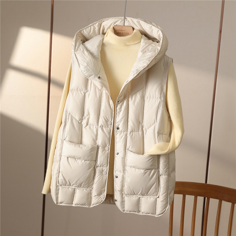 Colete feminino ultra leve sem mangas, 90% branco para baixo, colete com capuz quente, moda feminina, outono, inverno, novo, 2023
