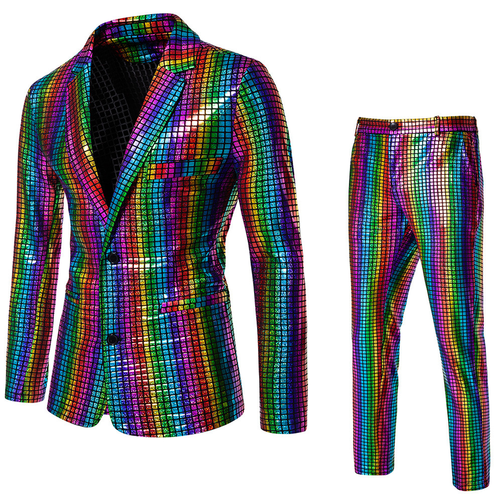 Mode heren jaren '70 disco-outfit regenboogpak metallic pailletten jas en broek Halloween feestkostuum podium nachtclub glanzende set