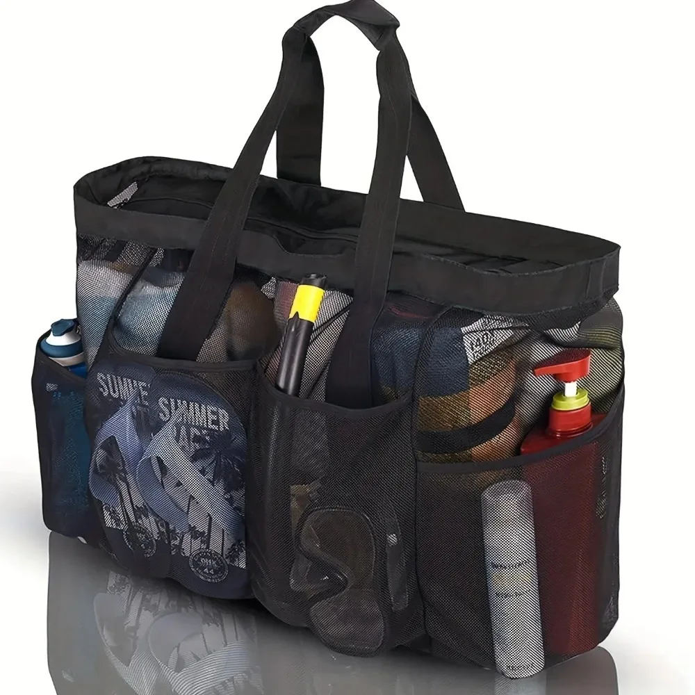 Bolsa de praia de malha extra grande, sacola de malha respirável com zíper e bolsos laterais, bolsa organizadora portátil de acabamento de grande capacidade, 1 peça