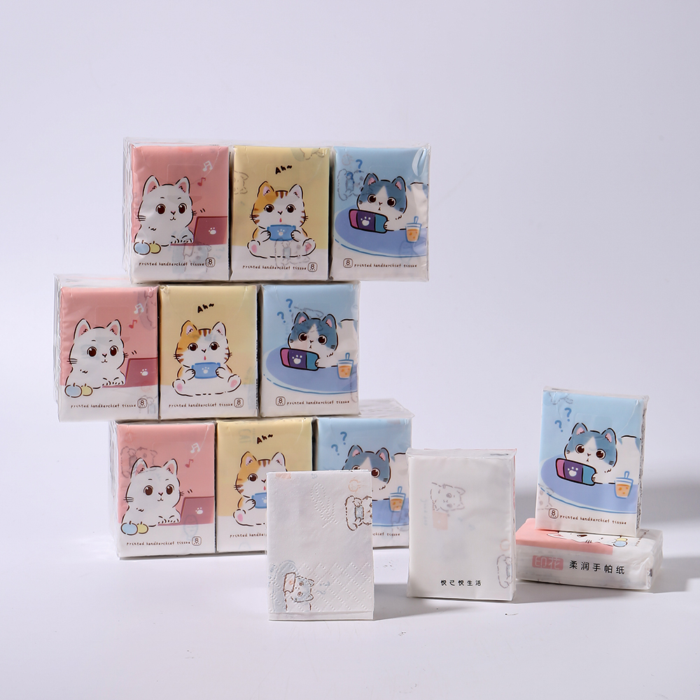 9pcs/pack Fashionable Lucky Cat Handkerchief Paper Student Portable Small Pack Cartoon Printed Hand Tissue For Daily Cleaning