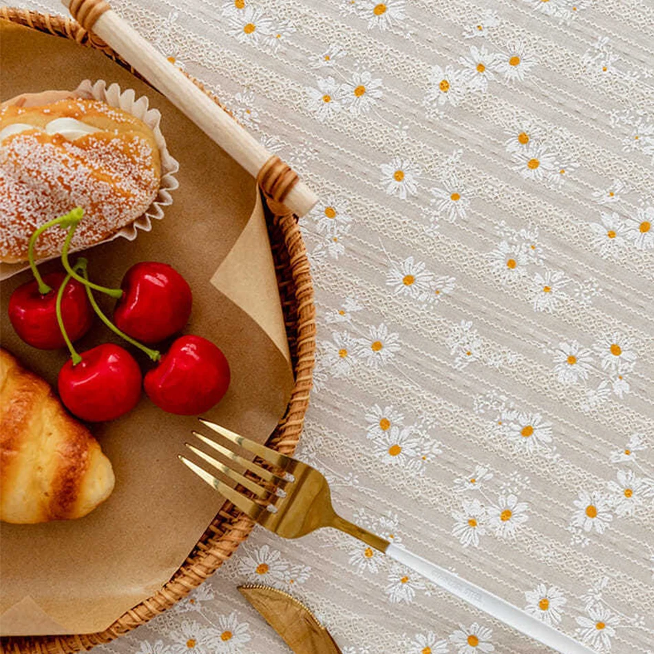 Toalha de mesa floral de algodão com margaridas pequenas estilo coreano, decoração de mesa de chá, capa de mesa retangular para cozinha, casamento, sala de jantar