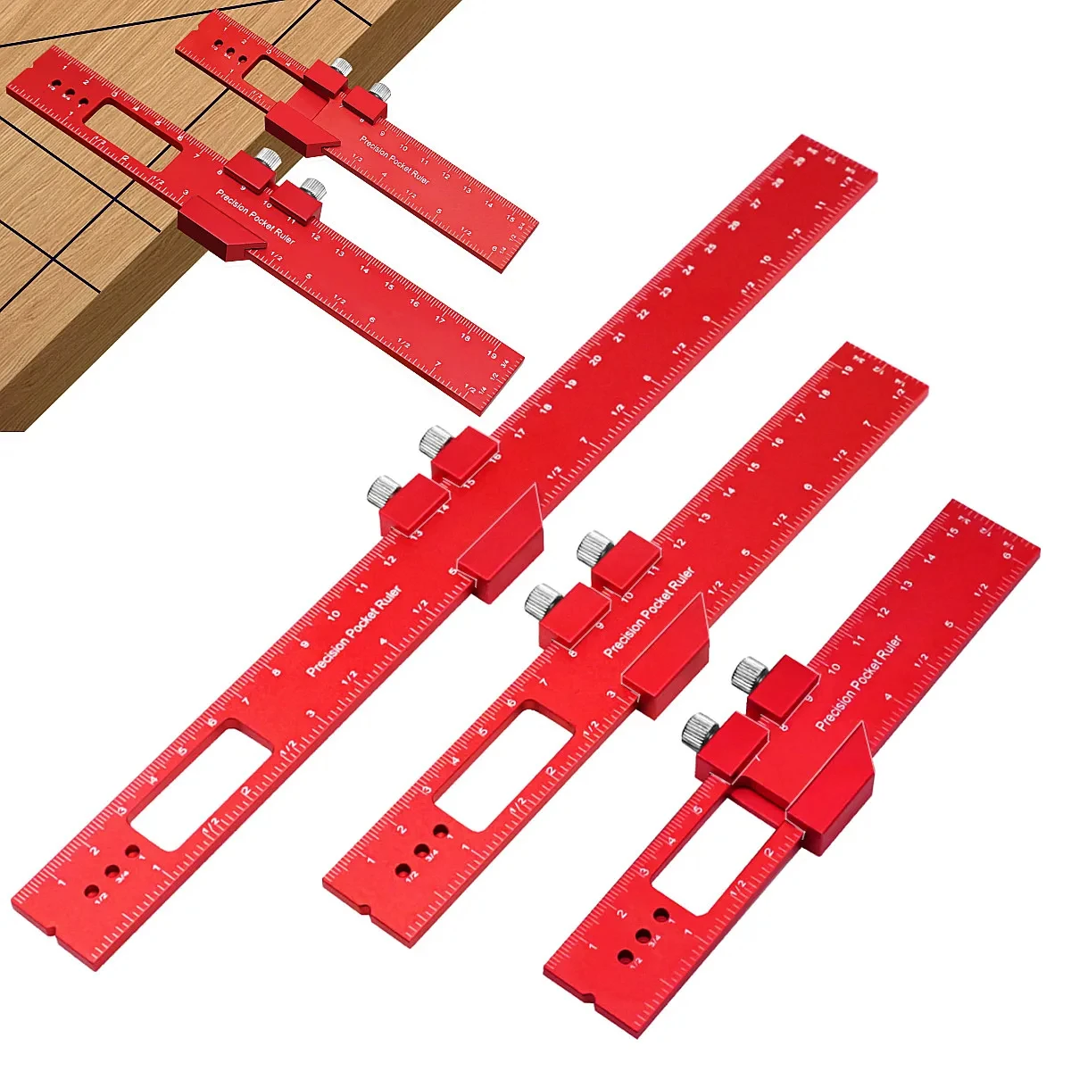 Precision T Type Pocket Ruler Inch Metric Measuring Tool with Slide Stop for Carpentry Marking