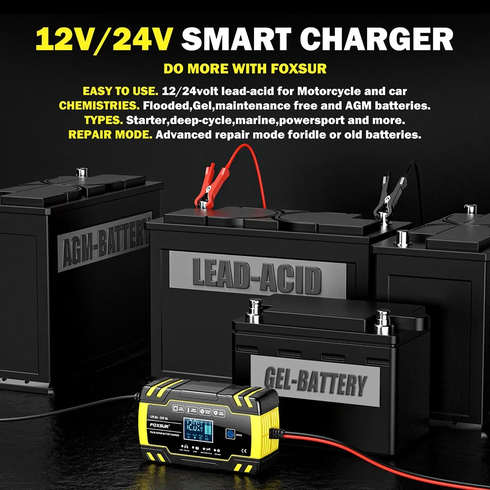 FOXSUR 12V 24V 8A Automatyczna ładowarka do akumulatorów 3-stopniowa naprawa impulsów Wyświetlacz LCD Inteligentna ładowarka do akumulatorów samochodowych ŻEL/AGM ZEWET kwasowo-ołowiowy