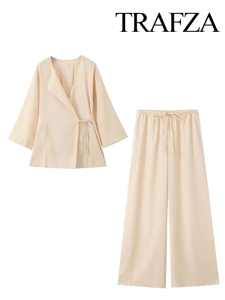 TRAFZA-trajes de lino para mujer, cárdigan de lino marrón a la moda, Kimono Top + Pantalones de pierna ancha informales con cordones, primavera 2024