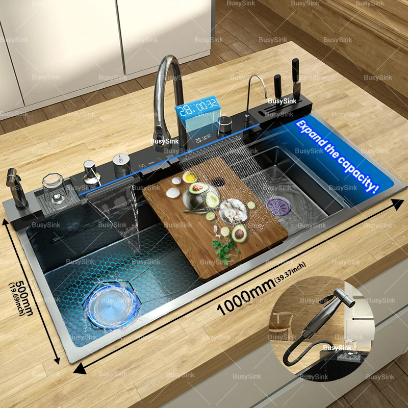 Fregadero de cocina de acero inoxidable con cascada, fregaderos de lavavajillas multifuncionales con pantalla Digital de un solo tazón Extra grande de 100x50cm