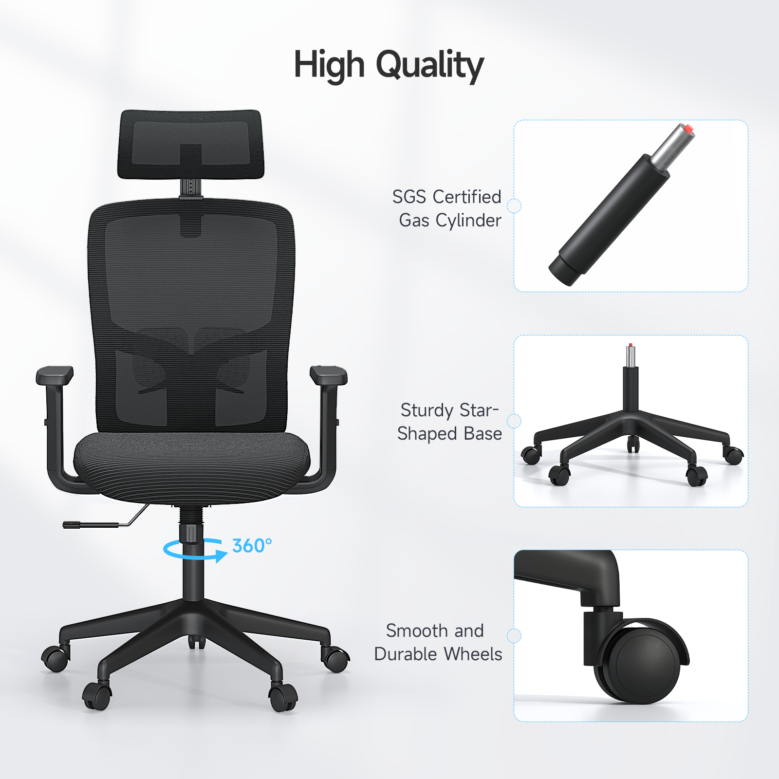Ergonomic mesh office chair, high back office chair with tilt lock, 2D headrest, PU liftable arms, adjustable lumbar support