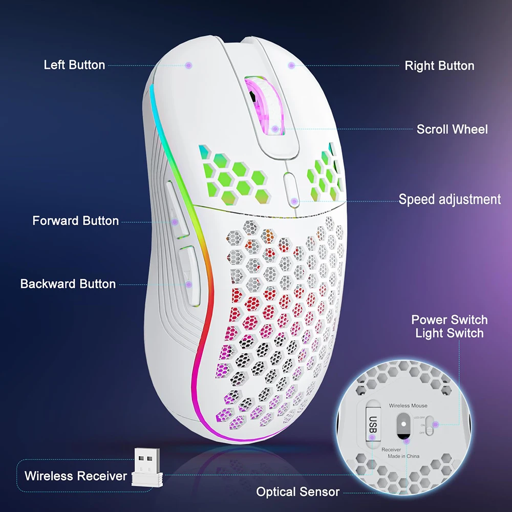 อุปกรณ์สํานักงาน เมาส์เล่นเกมไร้สาย 2.4G เมาส์ชาร์จแสง RGB พร้อมการออกแบบตามหลักสรีรศาสตร์ DPI ที่ปรับได้สําหรับแล็ปท็อปเดสก์ท็อป