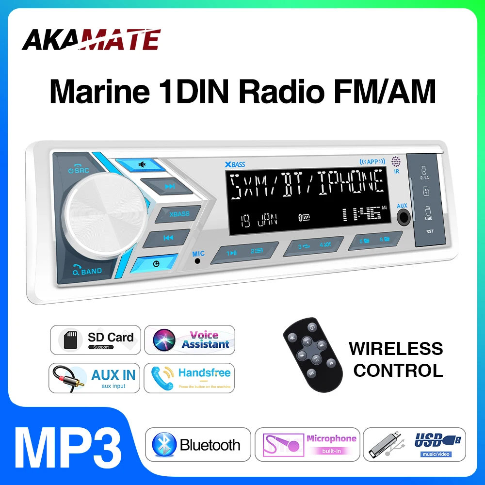 AKAMATE 1Din Radio do łodzi dla RV ATV UTV SPA RZR Marine Media Stereo Player Bluetooth AUX USB z pilotem zdalnego sterowania Radio FM AM