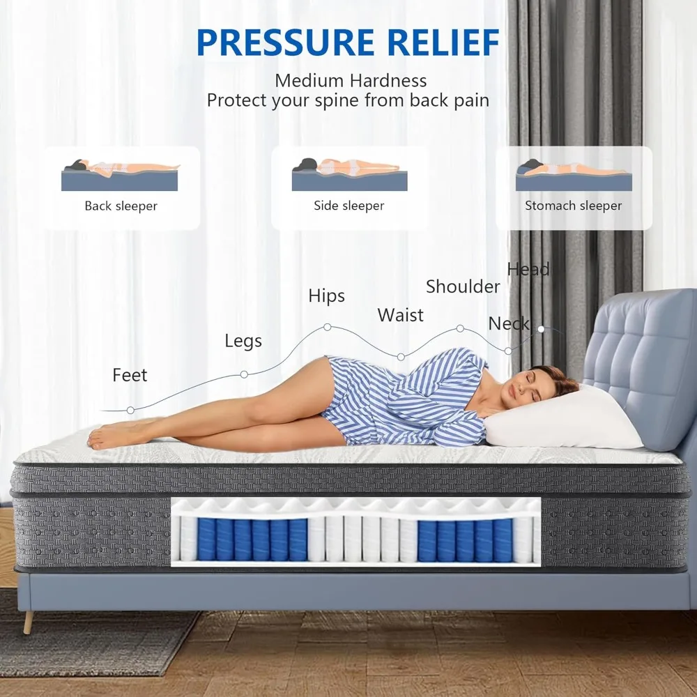 Mattress 14 inch, Medium Firm Hybrid Mattresses with Cooling Gel Memory Foam, King Mattress in a Box, Independent Spring
