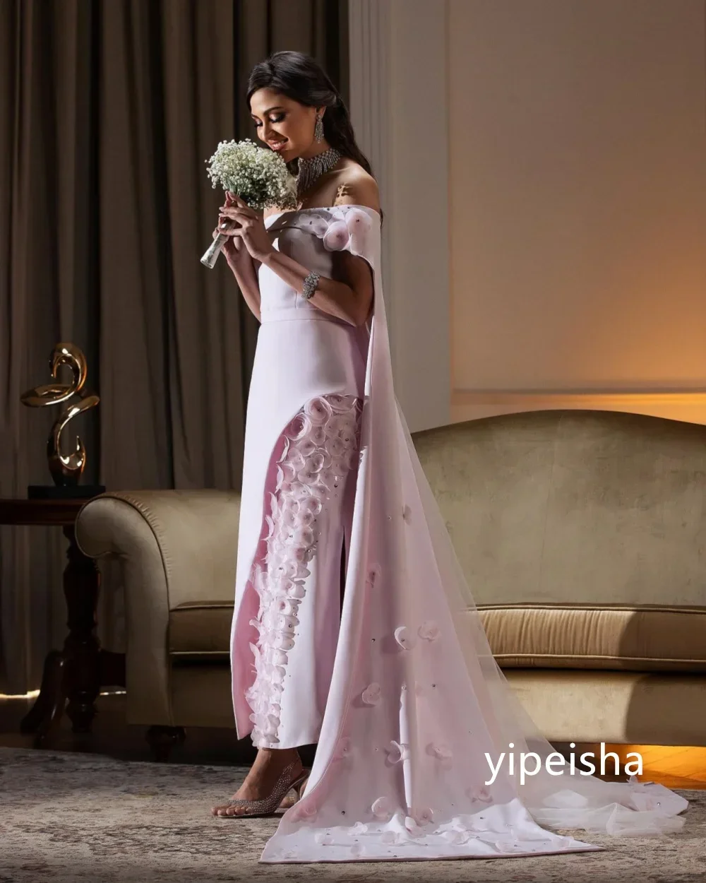 Personalizado intrincado jérsei flor a linha fora do ombro midi vestidos de baile clássico requintado estilo moderno pastrol queixo