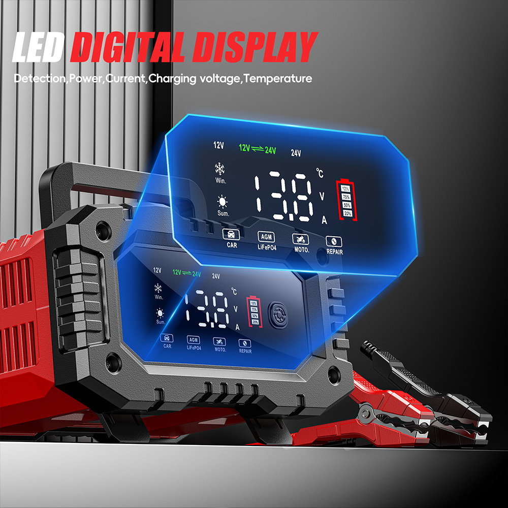 FOXSUR 20A/10A 車オートバイバッテリー充電器 12V/24V スマート充電器リチウム AGM ゲル鉛酸 LiFePO4 バッテリー充電器 1 セット