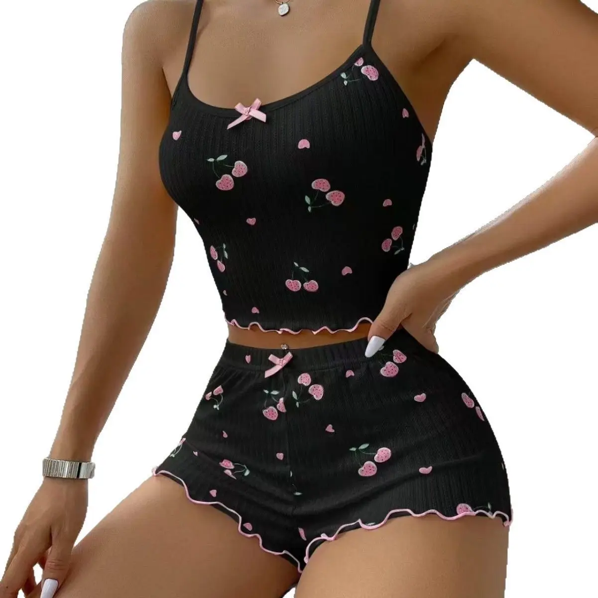 Conjunto de pijama feminino de verão – Top curto e shorts com nervuras e costas nuas com estampa de coração e detalhes de laço