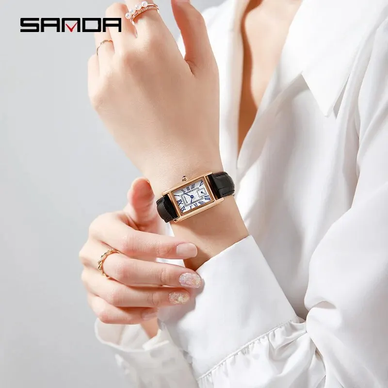 SANDA-relógio de pulso analógico para mulheres, design elegante, mostrador retangular, resistente à água, movimento de quartzo, negócios, nova moda, 2024, 1116