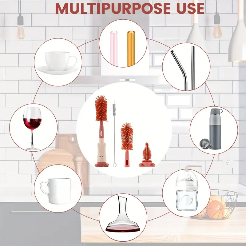 Cepillo para botellas, taza de té, cepillo de pie multifuncional, juego de cepillos para pezones de silicona de calidad alimentaria, cepillo para tazas, cepillo de paja tres en uno Spon