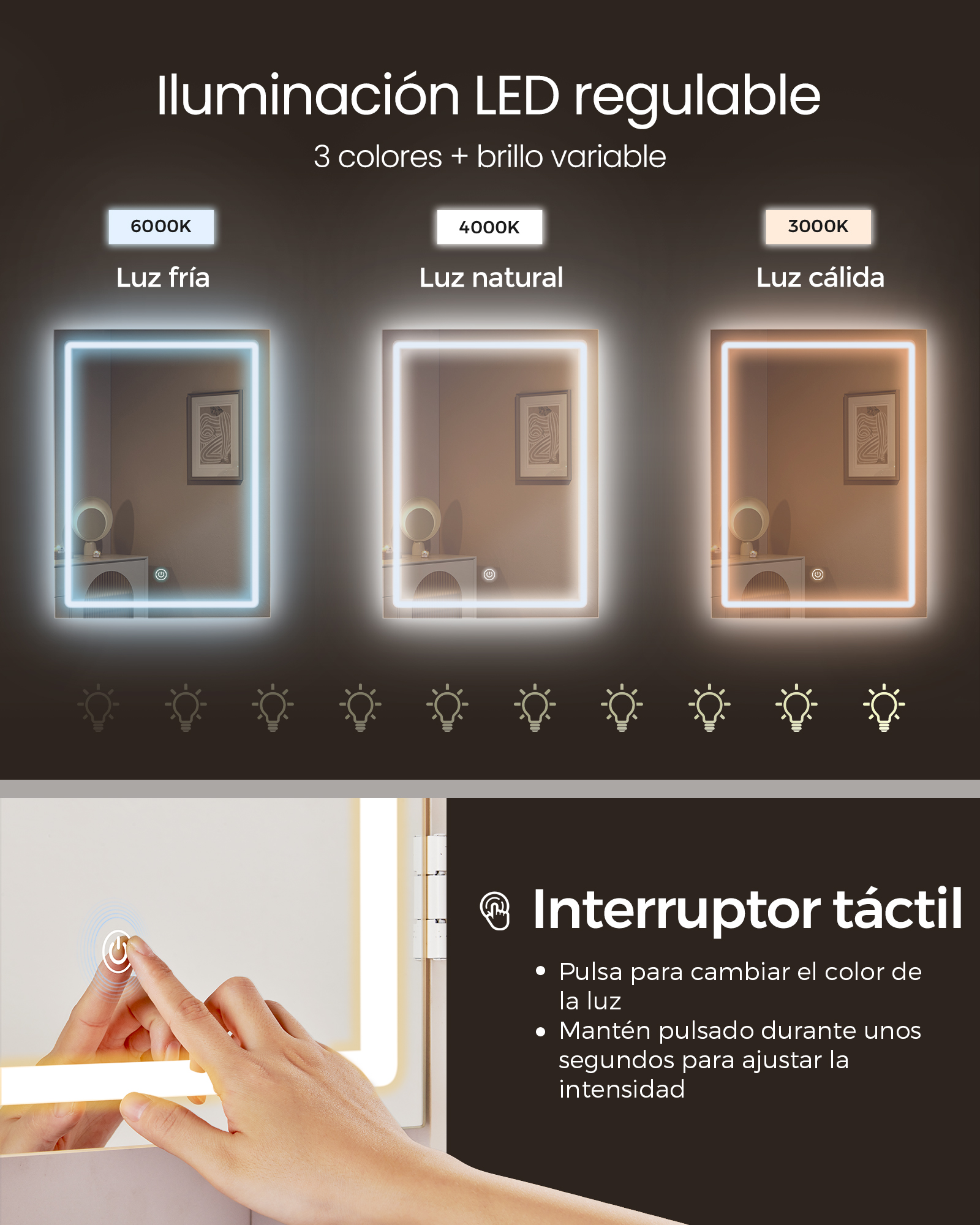 VASAGLE Makeup Vanity with Adjustable Brightness LED Lights, Mirror, Open Compartments, Adjustable Shelves, Modern White Cloud