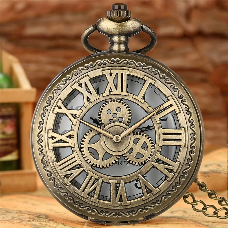 Zegarek kieszonkowy kwarcowy w stylu steampunk z ażurowym wzorem zębatek, wisiorek na łańcuszku, funkcja czasu światowego, wskaźnikowy zegarek kieszonkowy.