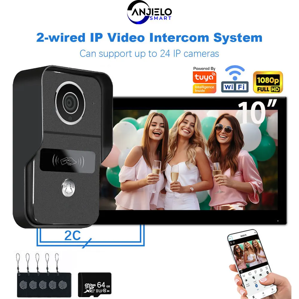 ANJIELO 2-проводной цифровой дверной звонок, видеодомофон для дома, 1080P, камера домофона, видеокарта дверного звонка, разблокировка Tuya