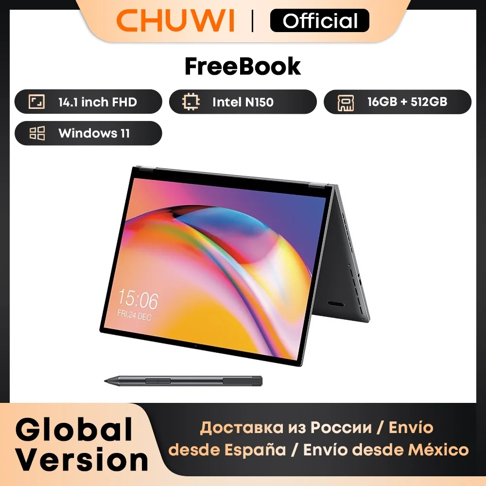 Ноутбук CHUWI FreeBook, четырехъядерный процессор Intel N150, 16 ГБ LPDDR5, 512 ГБ SSD, планшетный ПК, 13,5-дюймовый сенсорный экран FHD, Windows 11, WIFI6, настольный компьютер
