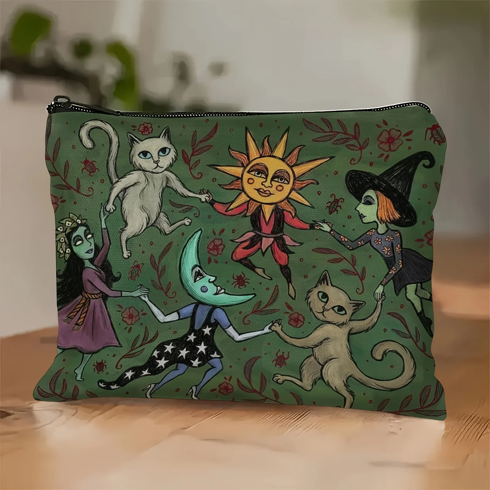 Bolsa de maquillaje de noche de bosque encantado, diseño caprichoso de bruja, gato y luna en lápices cosméticos de color verde oscuro, bolsa de maquillaje para estudiantes, 1 ud.