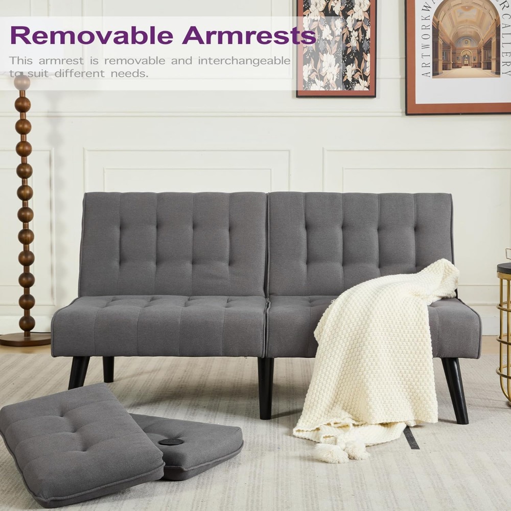 65“ Convertible Futon Sofa Bed w/ 2 USB, Upholstered Tufted Small Adjustable Folding Couch Loveseat, Mid Century Sleeper Sofa