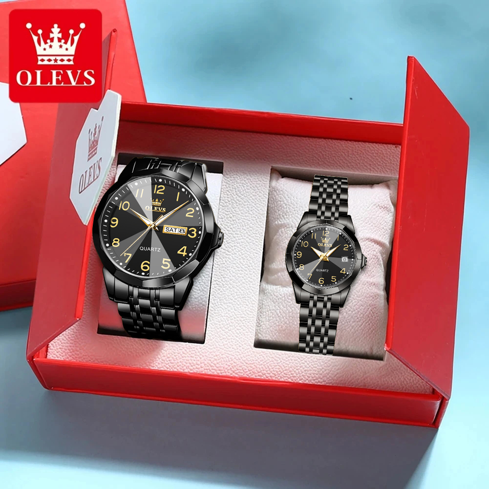 OLEVS 9970 คู่นาฬิกาคลาสสิกดิจิตอลสแตนเลส Rhombus กระจกหรูหราควอตซ์นาฬิกาสําหรับผู้ชายผู้หญิงคนรักของขวัญ