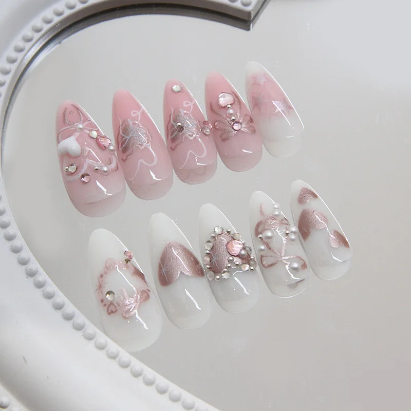 24 Uds. Parches para uñas postizas dulces, puntas de uñas postizas desmontables con lazos, diseño de perlas de corazón de amor, almendra rosa, prensa coreana en las uñas