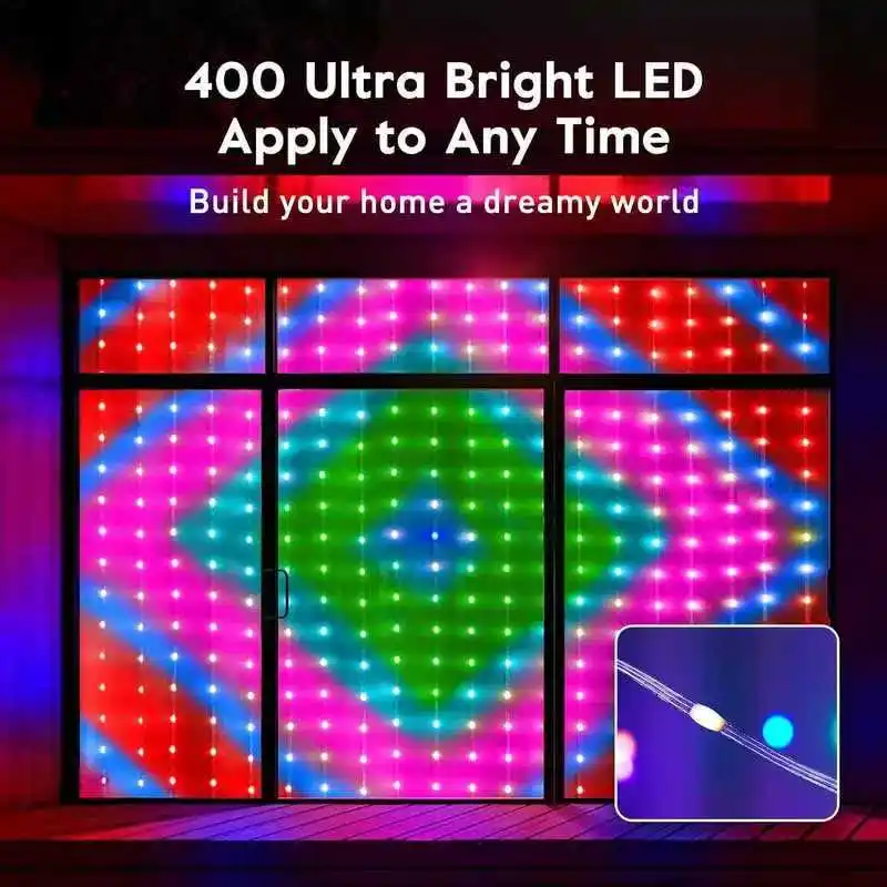 Christmas Smart Curtain String Light WS2812B 400Led String DIY Picture Text Music Sync Led Display Bluetooth Party Decor Light