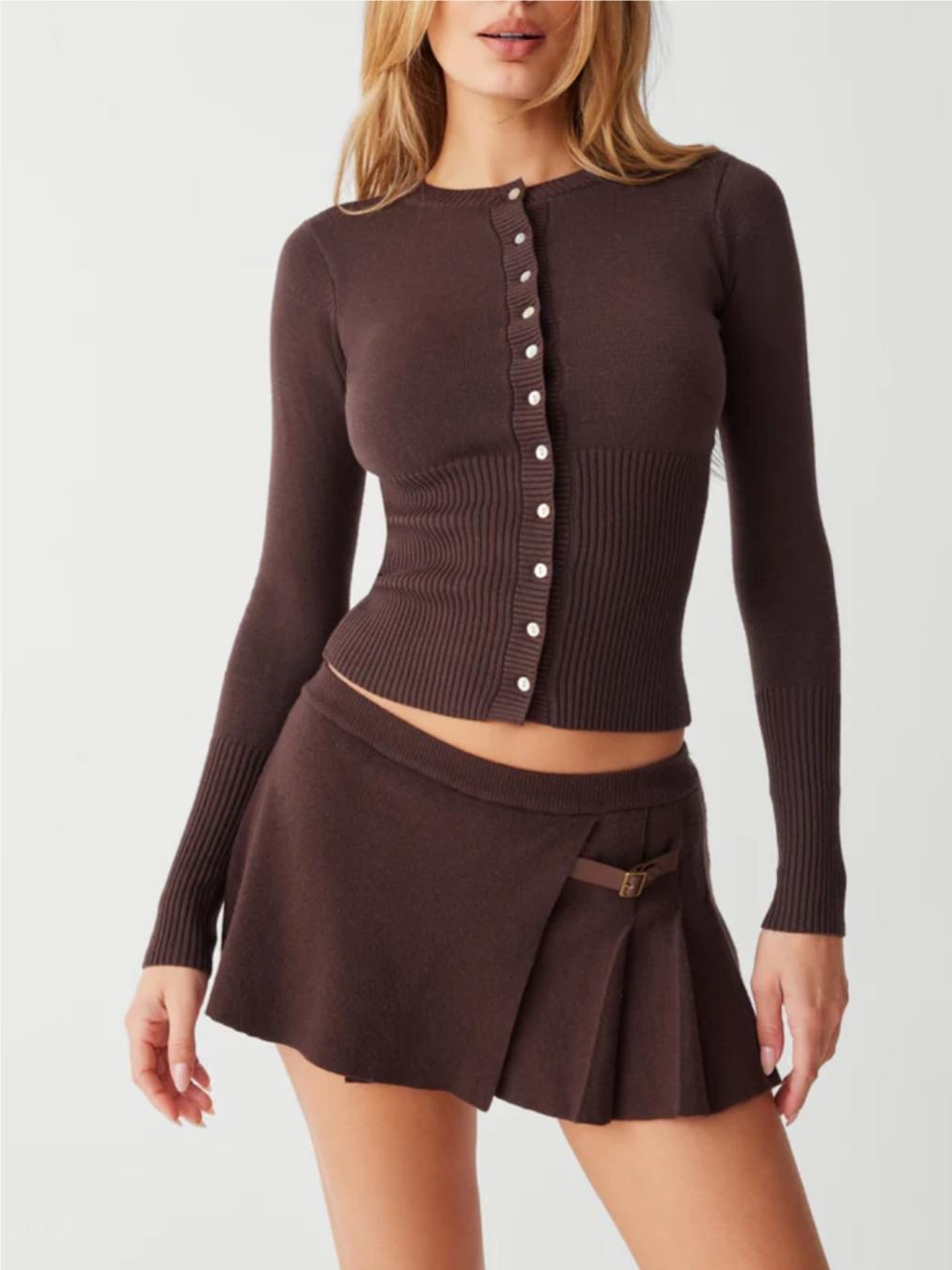 Cárdigan Sexy para mujer, moda coreana de otoño, ropa vintage, suéteres recortados, top de manga larga para mujer, cárdigan de punto con botones marrón