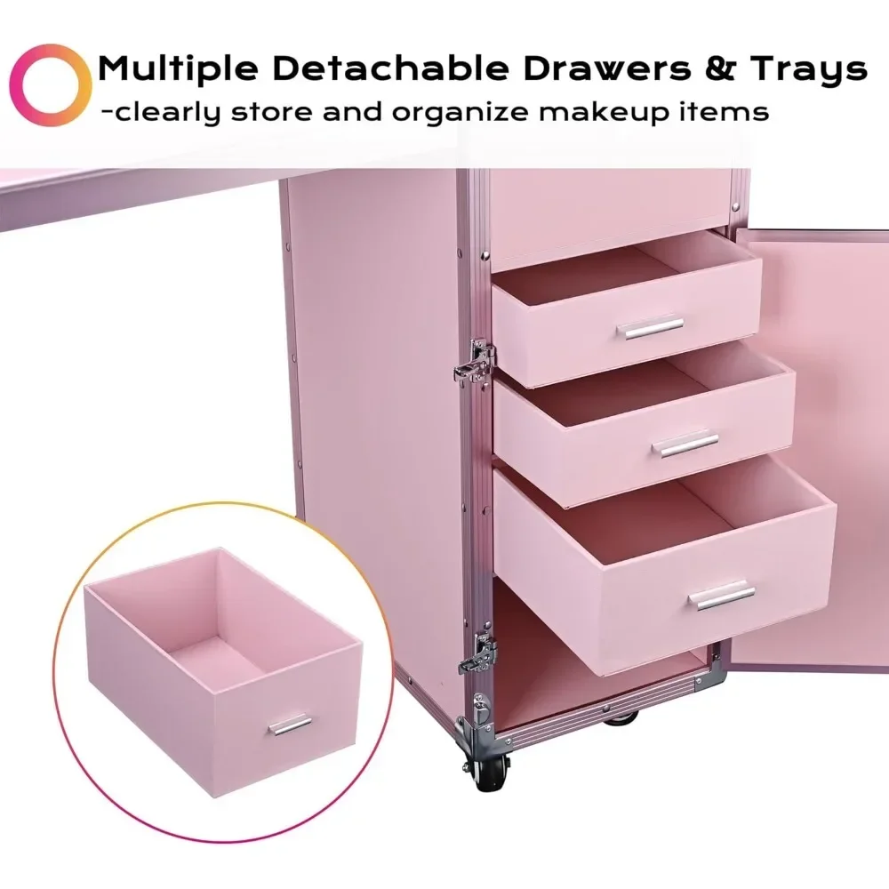 Manicure Table Foldable Nail Table Makeup Train Case with Desk Cosmetic Trolley Travel Storage Organizer with Drawers Mirror