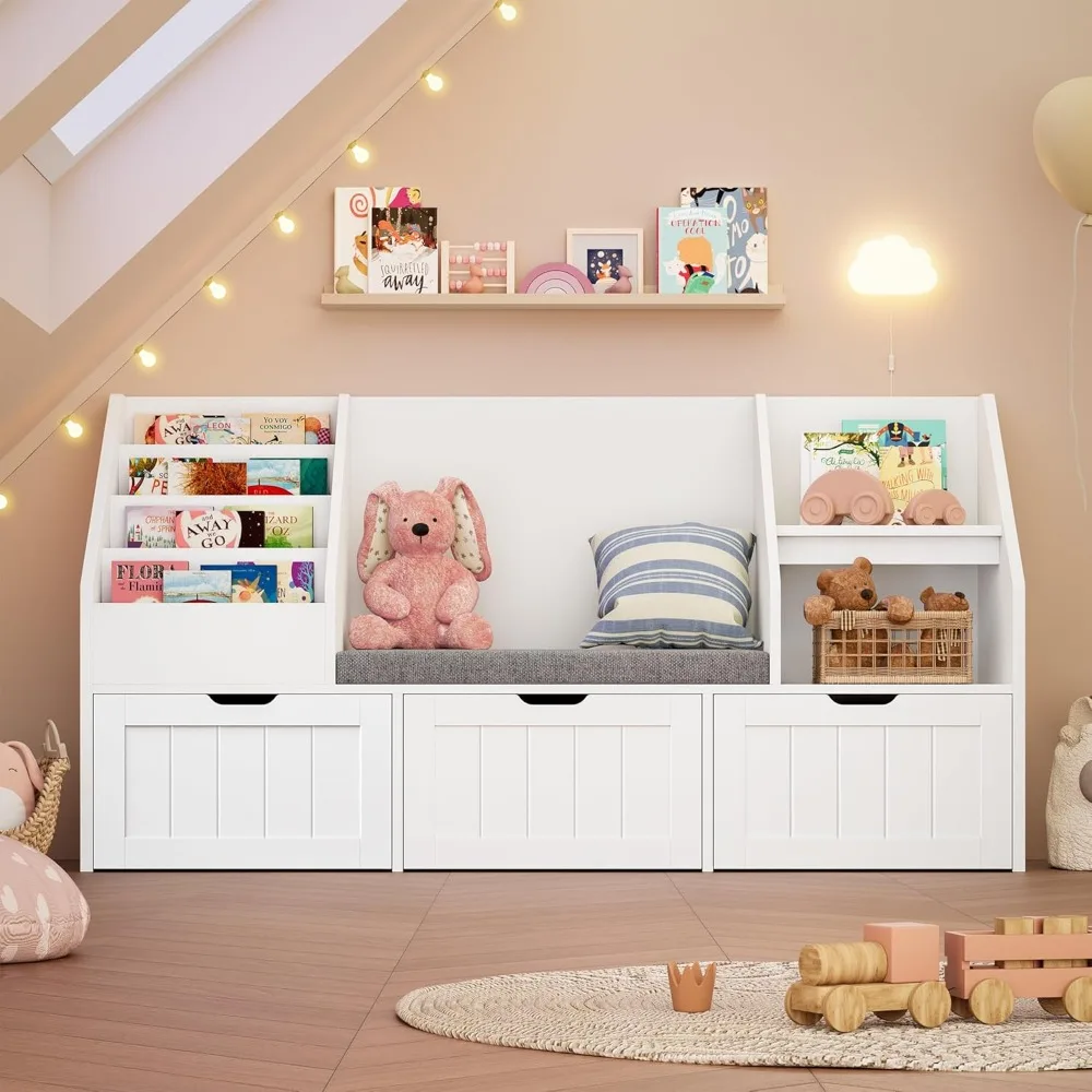 55.1’’ Kids Bookshelf with Reading Nook, Toy Storage Organizer with Seat Cushion and 3 Movable Drawers, Kids Reading Nook