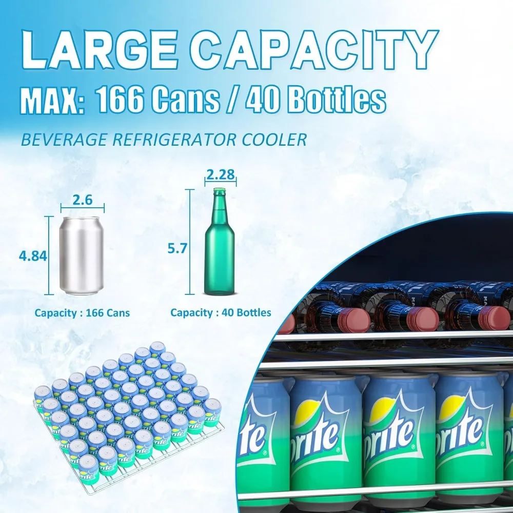 24 inch Beverage Refrigerator Cooler, 5.3 Cubic/166 Can Large Fridge with Glass Front Door for Soda, Beer or Wine