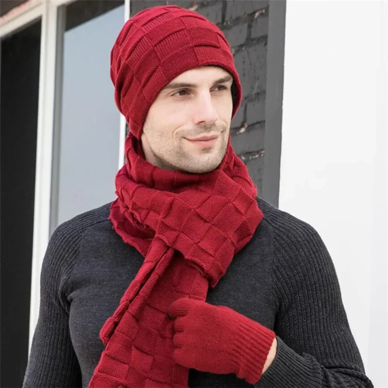 Bufanda larga tejida para hombre, conjunto de 3 piezas, guantes para hombre, gorro de protección de felpa cálido para invierno 2019, bufandas y guantes para pantalla táctil