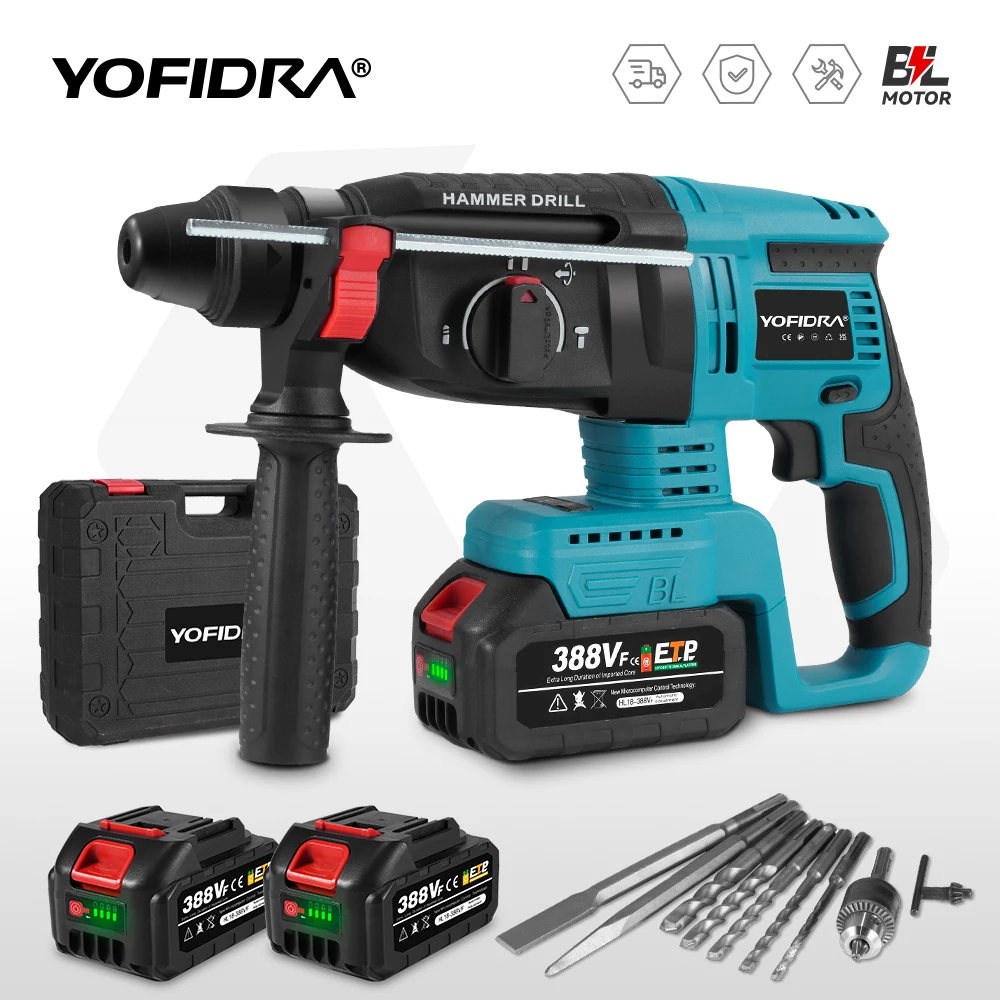 YOFIDRA-martillo rotativo eléctrico sin escobillas, martillo de impacto multifuncional inalámbrico, herramientas eléctricas para Pin de batería Makita, 26mm