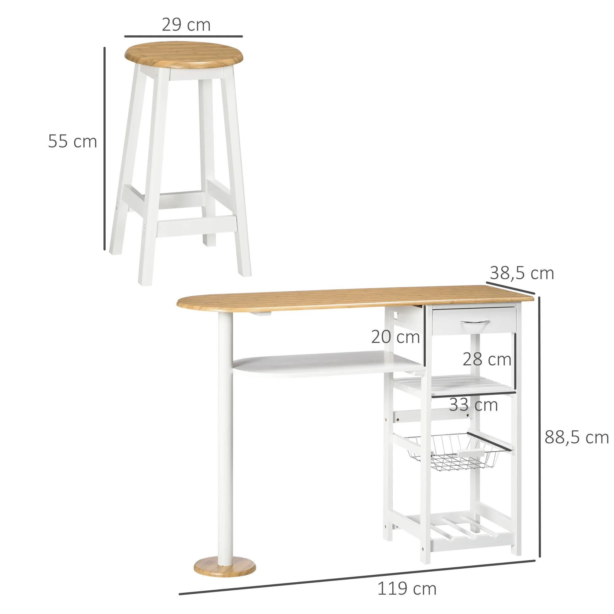 HOMCOM Set de Mesa de Bar de 119x38,5x88,5 cm con Cesta Extraíble y Botellero y 2 Taburetes de 29x29x55 cm Blanco