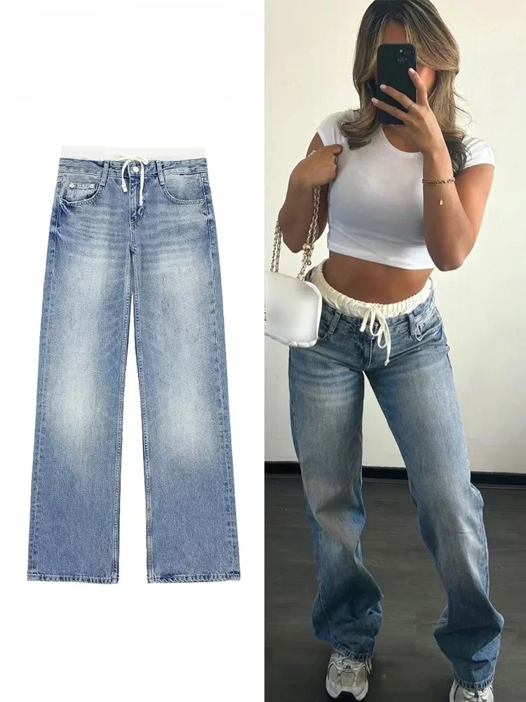 Dżinsy z szerokimi nogawkami i wysokim stanem Styl podstawowy Wyszczuplający Prosty design Zr Centrum handlowe Podobne Styl Slim Fit Na każdą porę roku