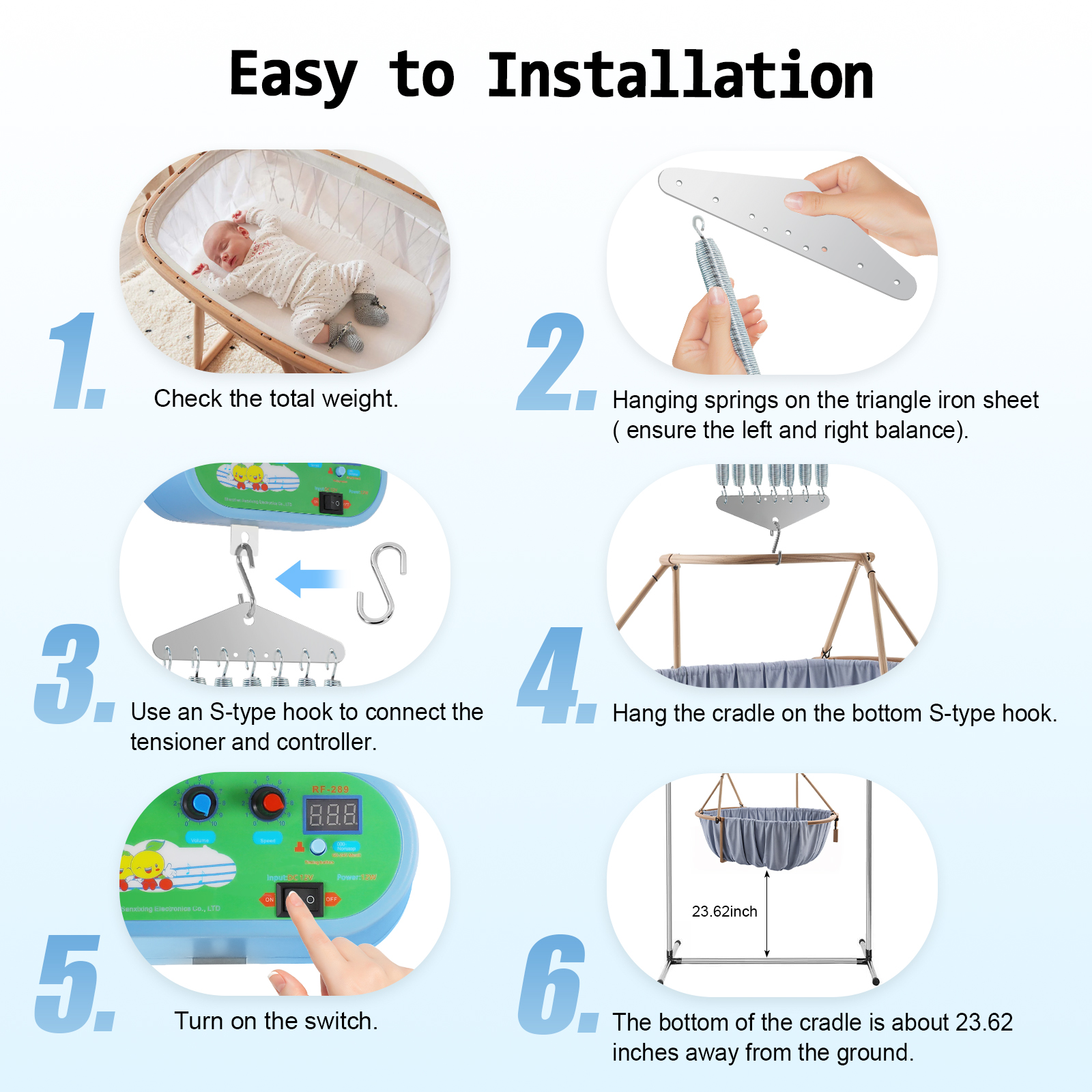 Controlador elétrico de balanço para bebês, carga de 19kg, controle de berço elétrico suspenso com temporizador ajustável, mola de balanço para rede de bebê
