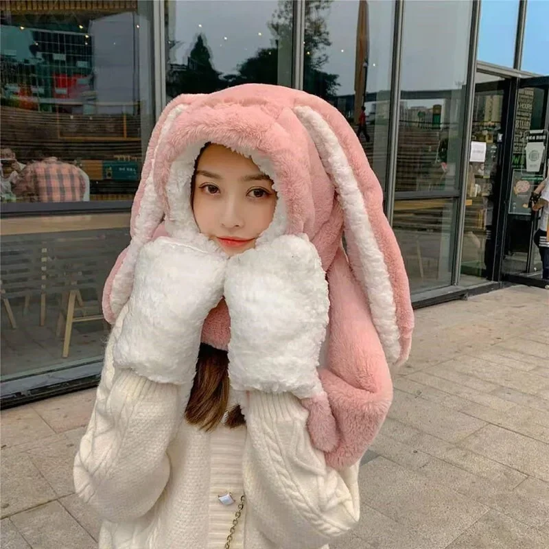ใหม่แฟชั่นผ้าพันคอหมวกถุงมือผู้หญิงน่ารักหูใหญ่กระต่ายหมวกฤดูหนาว WARM Soft หนากระเป๋าอุ่นหูหมวก Hooded Skullie หมวก