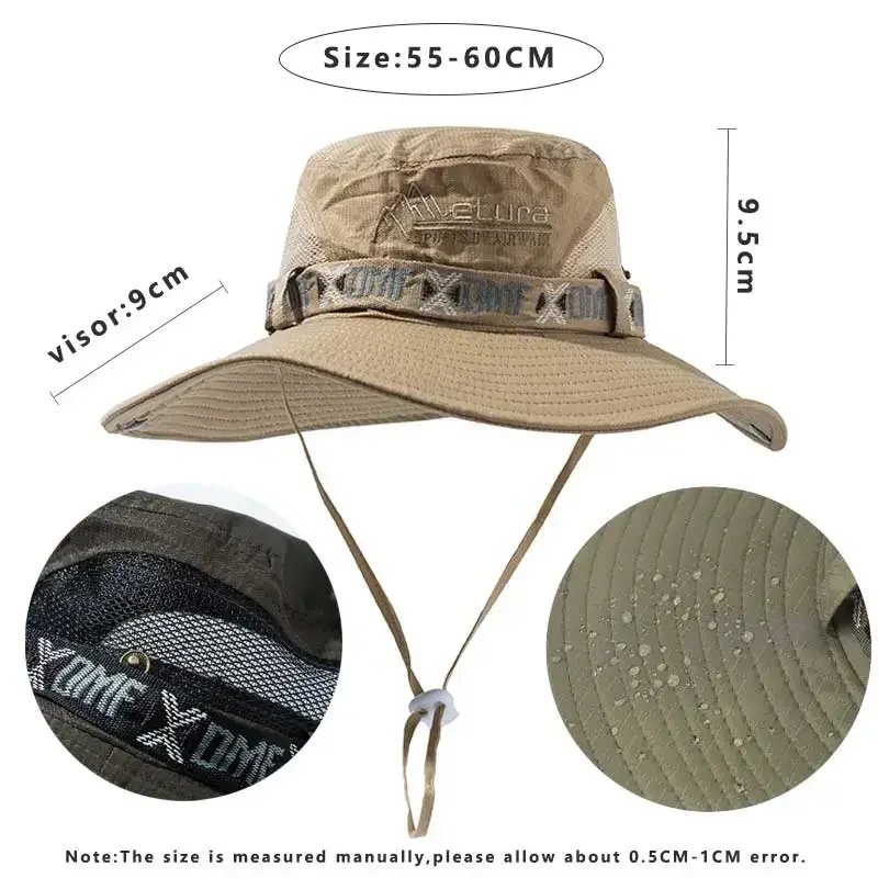 Cappello da pescatore estivo da uomo Protezione UV esterna a tesa larga Panama Safari Caccia Cappello da escursionismo Cappello da pescatore in rete Cappello da spiaggia per protezione solare