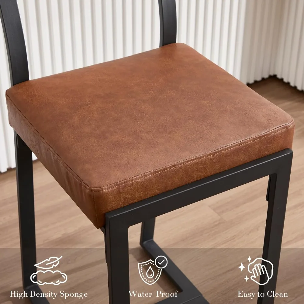 26’’ Modern Bar Stools Set of 2, Upholstered PU Leather Bar Chairs with Backrest Armless Counter Height Stools with Metal Frame