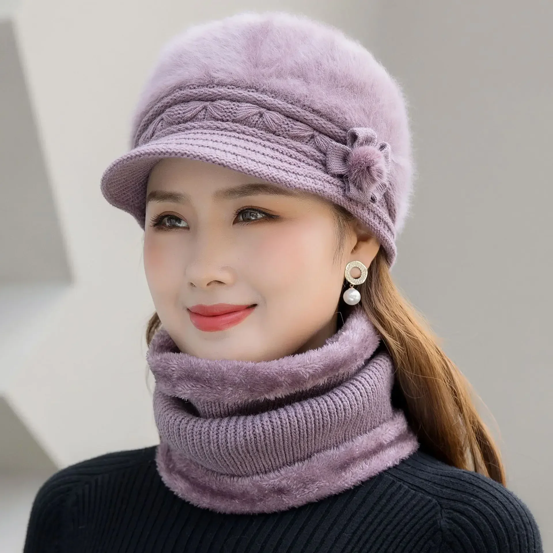 Gorro de invierno para mujer, gorro que mantiene el calor, conjunto de gorro y bufanda forrado de piel, gorros cálidos para mujer, gorro tejido informal de piel de conejo para invierno 2024