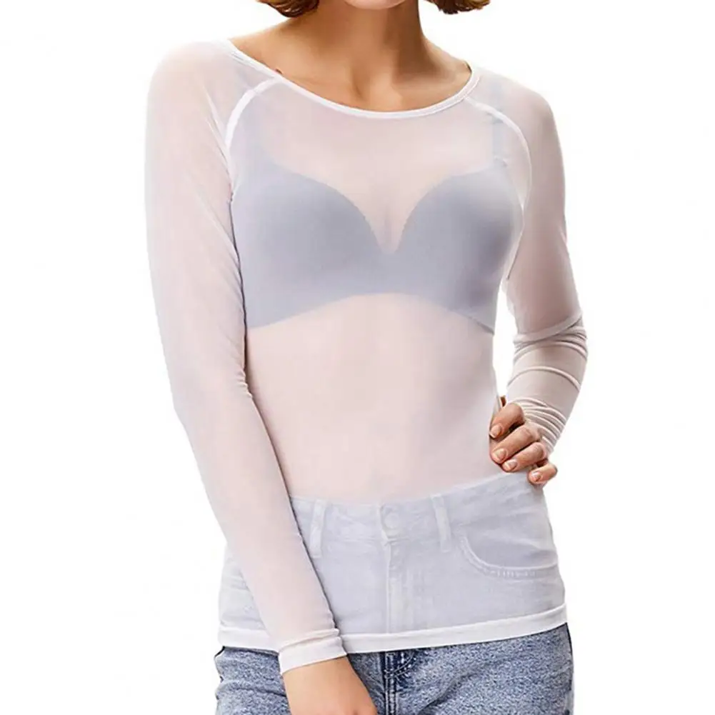 セクシーな女性 Tシャツシースルーメッシュ黒長袖ボディスーツ薄手のスリムタートルネックチュールクロップトップ Tシャツ透明クラブウェア