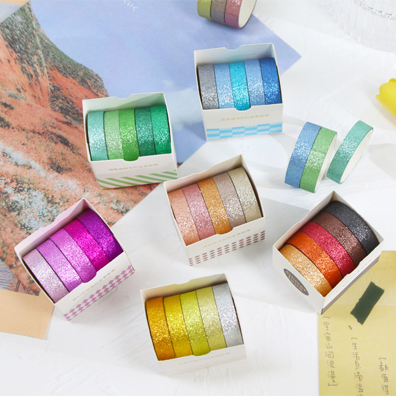 5Pcs 반짝이 Washi 테이프 세트 기본 마스킹 테이프 저널 용품 Washitape 편지지 스크랩북 앨범 장식 접착 테이프