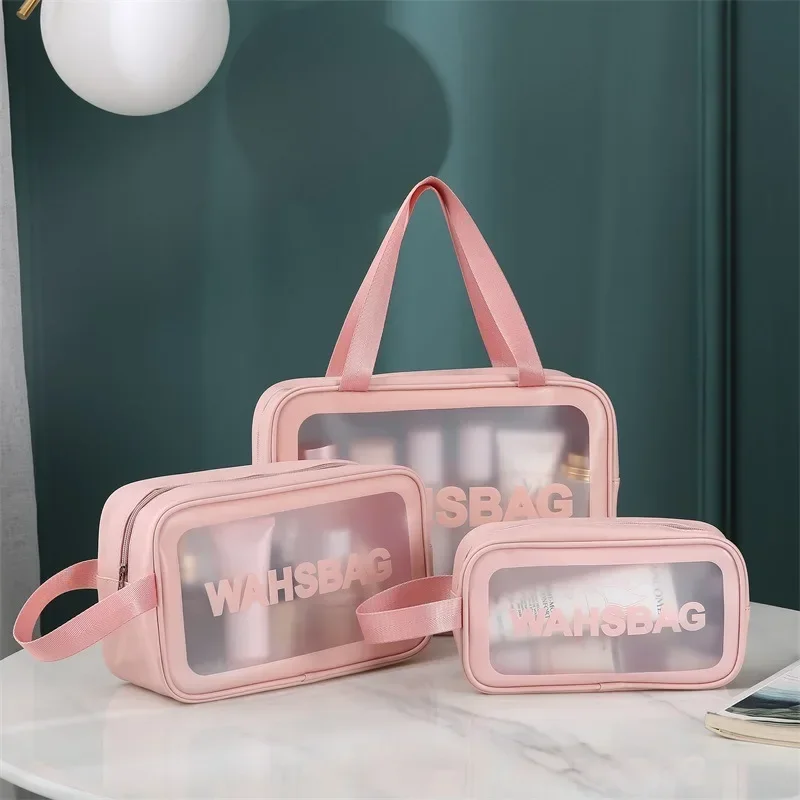 Bolsa de maquillaje portátil de gran capacidad, brochas de maquillaje, lápiz labial en polvo, almacenamiento de cosméticos de viaje, bolsa de aseo impermeable transparente