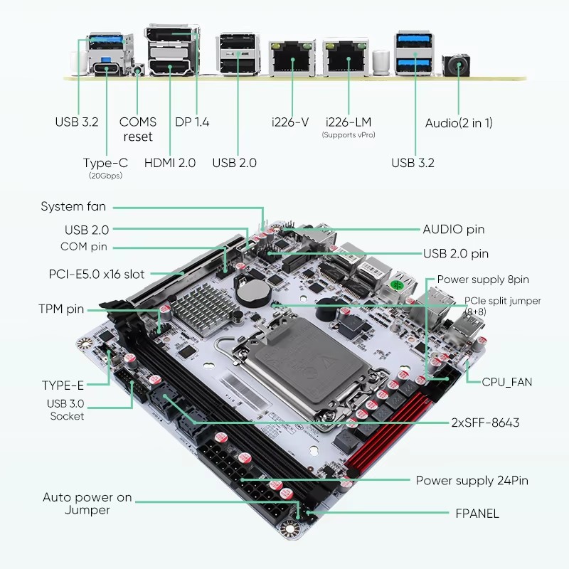 Q670 Plus Intel vPro 8-Bay NAS เมนบอร์ด 12/13/14th Gen LGA1700 CPU 3 * NVMe 2 * SFF-8643 1 * PCIE5.0x16 2 * DDR5 2 * 2.5G LAN เมนบอร์ด