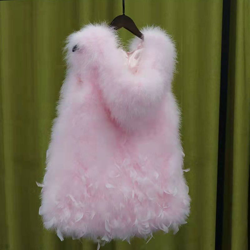 New Turkey feather waistcoat with hat and big swing, medium and long fur coat can be customized