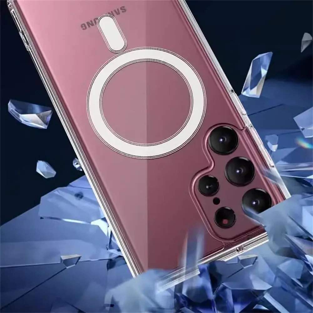 Transparente, klare, magnetische Hülle für Samsung Galaxy S24 S21 S25 S22 Plus S23 Ultra Plus, kabelloses Laden, stoßfeste Rückseite