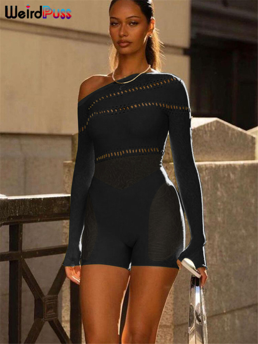 Mulheres Sexy Ver Através do Romper, Strass Oco, Manga Comprida, Magro, Irregular, Fora Do Ombro, Playsuits Corpo-Shaping, Gato Estranho